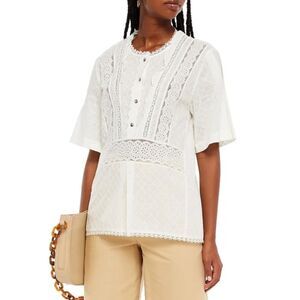 NWT COACH Lace-trimmed Broderie Anglaise Cotton Top in Cream Size 0